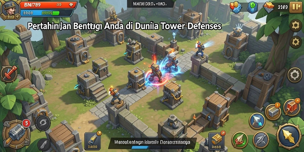 Screenshot gameplay BNI789 menampilkan menara dan musuh dalam pertarungan.