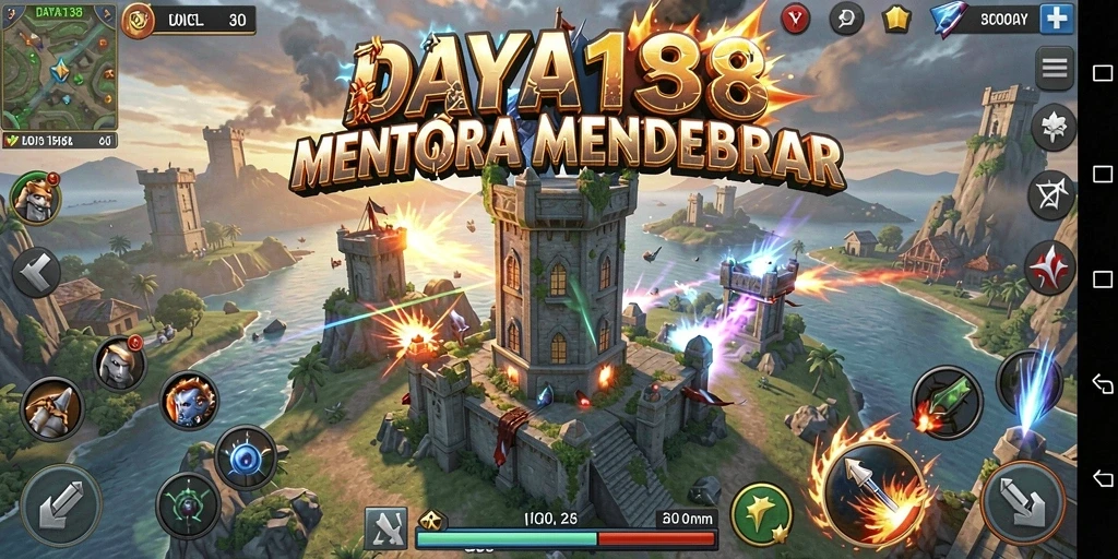 Tangkapan layar utama DAYA138 menampilkan aksi pertahanan menara yang seru.