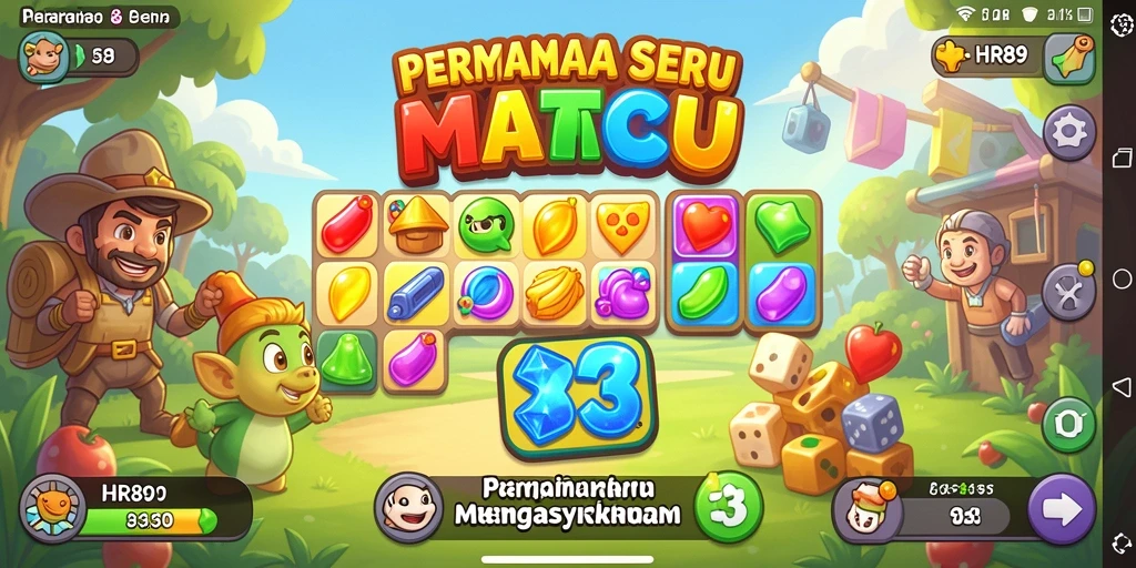 Tampilan screenshot gameplay Match-3 yang seru dan penuh warna.