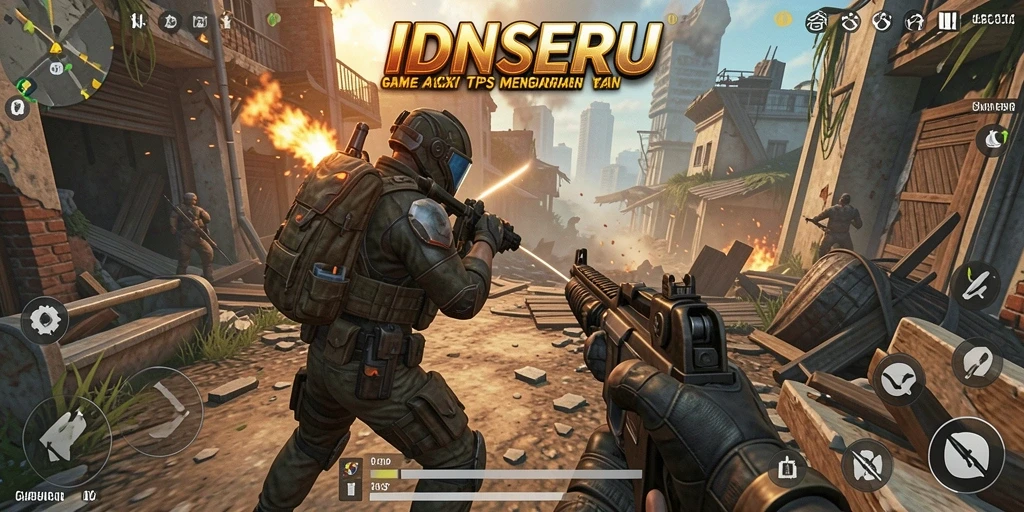 Screenshot IDNSERU menunjukkan aksi intens dalam game TPS.