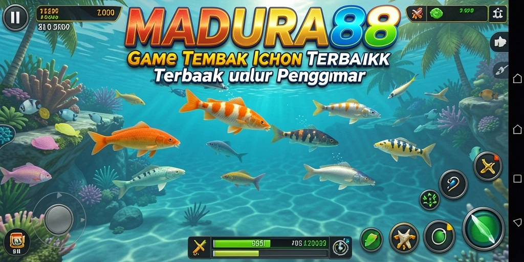 Tampilan gameplay seru dalam MADURA88 dengan berbagai jenis ikan untuk ditembak.