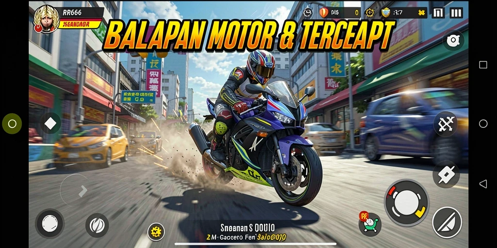 Screenshot gameplay RR666 menampilkan aksi balapan motor yang seru.